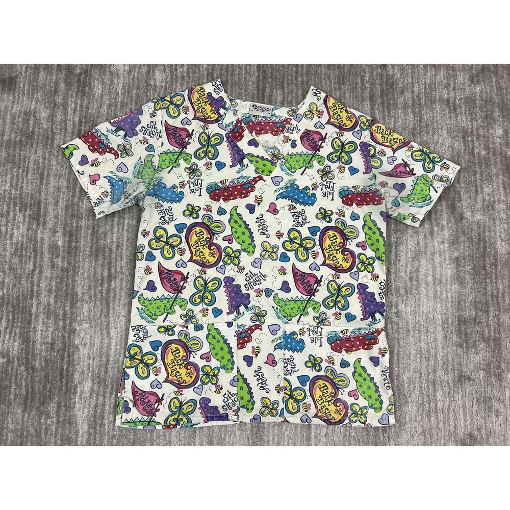 Fashion Scrubs Scrub Top Womens XS White Dinosaur Butterfly Print V-Neck Pockets
